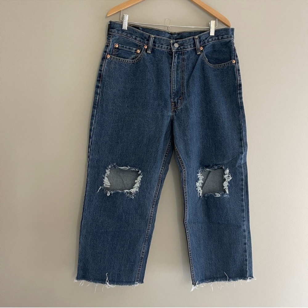 Levi's 550 Relaxed Wide Leg Straight Dark Wash Distressed Jeans Raw Hem 36 x 29